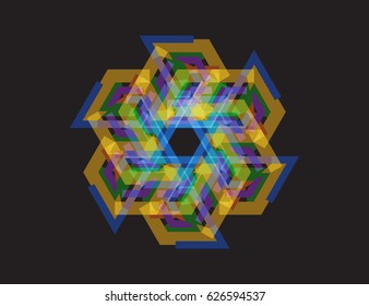 Scalable vector illustration, that consists of abstract geometric star made up of multicolored intersecting lines. Isolated image, which you can use to screen (web, mobile app, video, etc.)