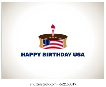 Scalable vector illustration, that consists of holiday cake with candle and flag to the Day of Independence United States. Isolated sing with inscription Happy Birthday USA. logo for screen and print