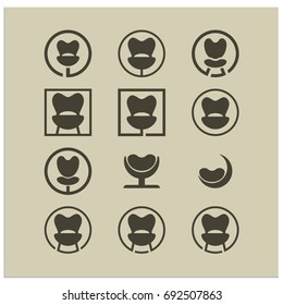 Scalable vector illustration, that consists of set of 12 stylized minimalist chairs and armchairs, created with different shapes. Isolated logo, which you can use to screen and print