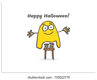 Scalable vector illustration, that consists of a cartoon child with big eyes with a bedsheet on his head, who is standing on a chair and trying to scare everyone and the inscription "Happy Halloween"