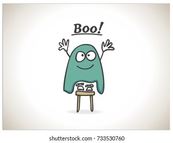 Scalable vector illustration, that consists of a cartoon child with big eyes with a bedsheet on his head, who is standing on a chair and trying to scare everyone and the inscription "Boo!"