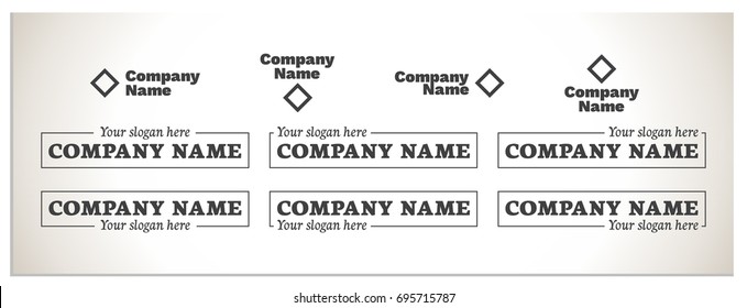 Scalable vector illustration with variations of the composition - the mutual arrangement of the graphic mark and the name of the company, as well as the name of the company and the slogan.