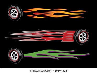 A scalable vector illustration of variations on flamed wheels, on a black background