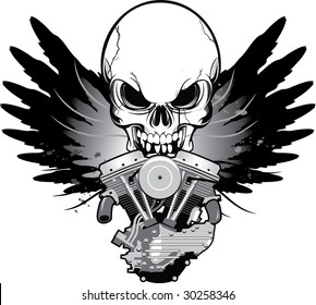 A scalable vector illustration of a winged v-twin motorcycle engine with skull