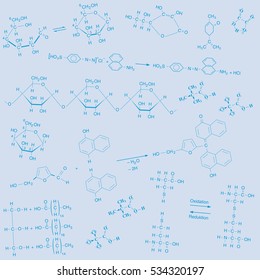 scalable vector image with different structural formulas of organic chemistry set creatively staged on a blue background