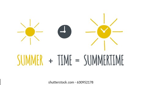 Scalable vector logo, that consists of Image that combines the sun icon and clock symbol. This means that the summer time is approaching. Isolated sing, which you can use to screen and print