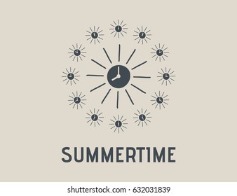 Scalable vector logo, that consists of Image that combines the sun icon and clock symbol. This means that the summer time is approaching. Isolated sing, which you can use to screen and print