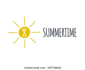 Scalable vector logo, that consists of Image that combines the sun icon and hourglass symbol. This means that the summer time is approaching. Isolated sing, which you can use to screen and print