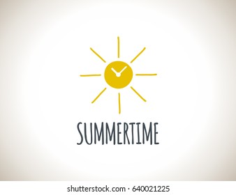 Scalable vector logo, that consists of Image that combines the sun icon and clock symbol. This means that the summer time is approaching.
