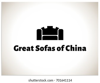 Scalable vector logo, that consists of symbol that combines the stylized images of a sofa or an armchair and a Chinese wall and a text template: Great Sofas of China. Simple sign for screen and print