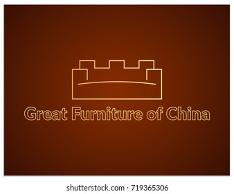 Scalable vector logo, that consists of symbol that combines the stylized images of a sofa or an armchair and a Chinese wall and a text template: Great Furniture of China. Isolated sign for screen