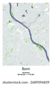 Scalable vector map of Bonn, Germany in bley, green, gray, white colors. Detailed streets, parks and water in editable EPS format.