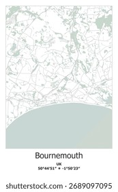 Scalable vector map of Bournemouth, UK, Unated Kingdom in green, gray, white colors. Detailed streets, parks and water in editable EPS format.