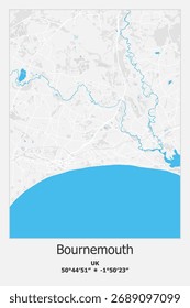 Scalable vector map of Bournemouth, UK, Unated Kingdom in blue, white, gray colors. Detailed streets, parks and water in editable EPS format.