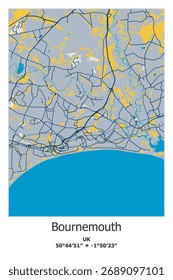 Scalable vector map of Bournemouth, UK, Unated Kingdom in blue, yellow, gtay, black colors. Detailed streets, parks and water in editable EPS format.