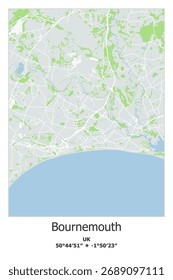 Scalable vector map of Bournemouth, UK, Unated Kingdom in gray, green, light blue, white colors. Detailed streets, parks and water in editable EPS format.