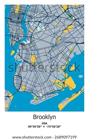 Scalable vector map of Brooklyn, NY, US, USA, Unated States in blue, yellow, gtay, black colors. Detailed streets, parks and water in editable EPS format.