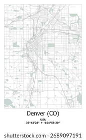 Scalable vector map of Denver, CO, US, USA, Unated States in green, gray, white colors. Detailed streets, parks and water in editable EPS format.