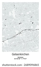 Mapa vetorial escalável de Gelsenkirchen, Alemanha em preto, cinza, branco cores. Ruas detalhadas, parques e água em formato EPS editável.