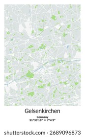 Mapa de vetor escalável de Gelsenkirchen, Alemanha em cinza, verde, azul claro, cores brancas. Ruas detalhadas, parques e água em formato EPS editável.