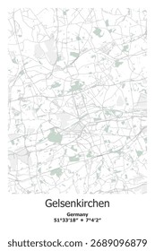 Scalable vector map of Gelsenkirchen, Germany in green, gray, white colors. Detailed streets, parks and water in editable EPS format.
