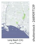 Scalable vector map of Long-Beach, CA, US, USA, Unated States in bley, green, gray, white colors. Detailed streets, parks and water in editable EPS format.