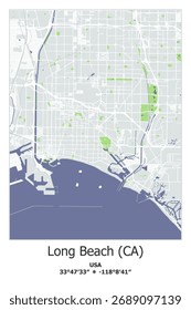 Scalable vector map of Long-Beach, CA, US, USA, Unated States in bley, green, gray, white colors. Detailed streets, parks and water in editable EPS format.