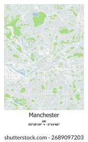 Scalable vector map of Manchester, UK, Unated Kingdom in gray, green, light blue, white colors. Detailed streets, parks and water in editable EPS format.