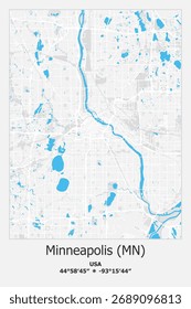 Mapa vetorial escalável de Mineápolis, MN, EUA, EUA, Estados Unidos em azul, branco, cinza cores. Ruas detalhadas, parques e água em formato EPS editável.