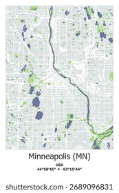 Scalable vector map of Minneapolis, MN, US, USA, Unated States in bley, green, gray, white colors. Detailed streets, parks and water in editable EPS format.