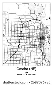 Mapa vetorial escalável de Omaha, NE, EUA, EUA, Estados Unidos em pc, preto, branco, cinza cores. Ruas detalhadas, parques e água em formato EPS editável.