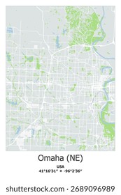 Mapa vetorial escalável de Omaha, NE, EUA, EUA, Estados Unidos em cinza, verde, azul claro, cores brancas. Ruas detalhadas, parques e água em formato EPS editável.