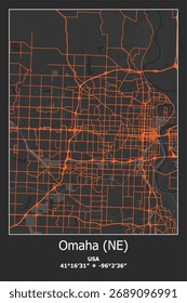 Mapa vetorial escalável de Omaha, NE, EUA, EUA, Estados Unidos em cores pretas, cinzas, laranja. Ruas detalhadas, parques e água em formato EPS editável.