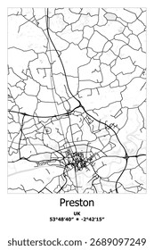 Scalable vector map of Preston, UK, Unated Kingdom in bw, black, white, gray colors. Detailed streets, parks and water in editable EPS format.