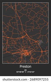 Scalable vector map of Preston, UK, Unated Kingdom in black, gray, orange colors. Detailed streets, parks and water in editable EPS format.