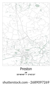 Mapa vetorial escalável de Preston, Reino Unido, Reino Unido em verde, cinza, branco cores. Ruas detalhadas, parques e água em formato EPS editável.