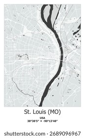 Scalable vector map of St-Louis, MO, US, USA, Unated States in black, gray, white colors. Detailed streets, parks and water in editable EPS format.