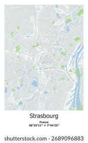 Scalable vector map of Strasbourg, France in gray, green, light blue, white colors. Detailed streets, parks and water in editable EPS format.