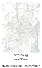 Scalable vector map of Strasbourg, France in green, gray, white colors. Detailed streets, parks and water in editable EPS format.