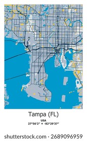 Skalierbare Vektorkarte von Tampa, FL, USA, USA, USA in blauen, gelben, schwulen, schwarzen Farben. Detaillierte Straßen, Parks und Wasser im editierbaren EPS-Format.