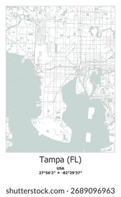 Mapa vetorial escalável de Tampa, FL, EUA, EUA, Estados Unidos em cores verdes, cinzas, brancas. Ruas detalhadas, parques e água em formato EPS editável.