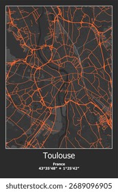 Scalable vector map of Toulouse, France in black, gray, orange colors. Detailed streets, parks and water in editable EPS format.