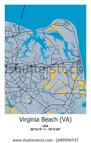Scalable vector map of Virginia-Beach, VA, US, USA, Unated States in blue, yellow, gtay, black colors. Detailed streets, parks and water in editable EPS format.