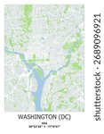 Scalable vector map of Washington, DC, US, USA, Unated States in gray, green, light blue, white colors. Detailed streets, parks and water in editable EPS format.