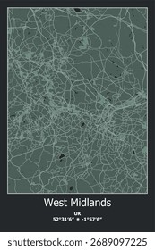 Scalable vector map of West-Midlands, UK, Unated Kingdom in black green colors. Detailed streets, parks and water in editable EPS format.