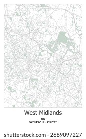 Scalable vector map of West-Midlands, UK, Unated Kingdom in green, gray, white colors. Detailed streets, parks and water in editable EPS format.