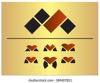 Scalable vector set of logo with the letters M, connected to the hearts. Isolated icons you can use to screen (web, mobile app, video, etc.) and print (corporate identity, advertising, souvenir, etc.)