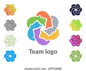 Scalable vector set of signs, consisting of six silhouettes of male heads, arranged in a circle. This symbol means cohesive teamwork. Isolated logo icon, which you can use to screen and print