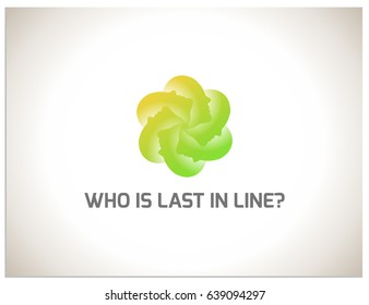 Scalable vector sign, consisting of six silhouettes of male heads, arranged in a circle. This image symbolizes people standing in line. Isolated logo icon, which you can use to screen and print