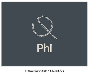 Scalable vector sign, consisting of value of the number 1.618..., in the form of the greek letter fi and the text Phi below it. This symbol is perfect for illustrating scientific articles, books, etc.